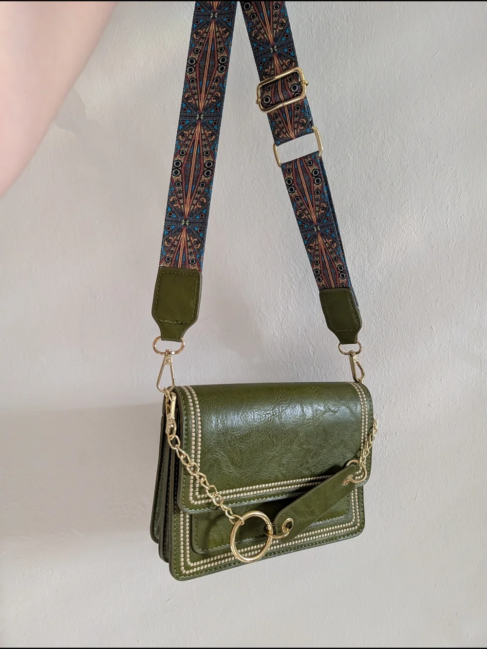 Olive Green Crossbody Shoulder Bag with Decorative Strap And Gold Chain Detail